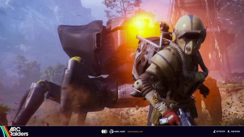 ARC Raiders Adds Duo Matchmaking and Prepares for North Line Update An ARC raider in heavy tactical gear is chased by a large four-legged ARC robot.