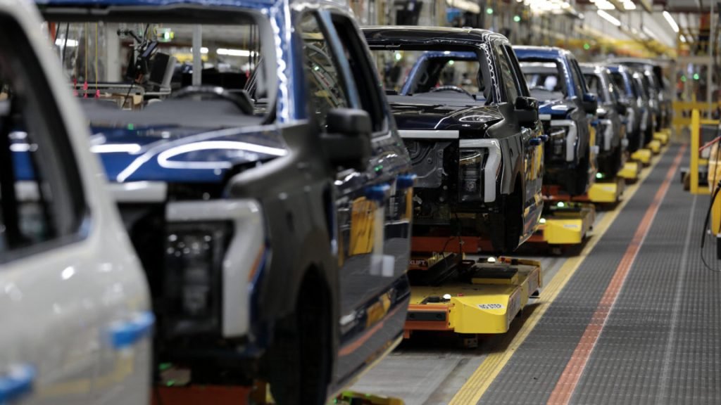 Ford Motor Company's electric F-150 Lightning on the production line at their Rouge Electric Vehicle Center in Dearborn, Michigan on September 8, 2022.