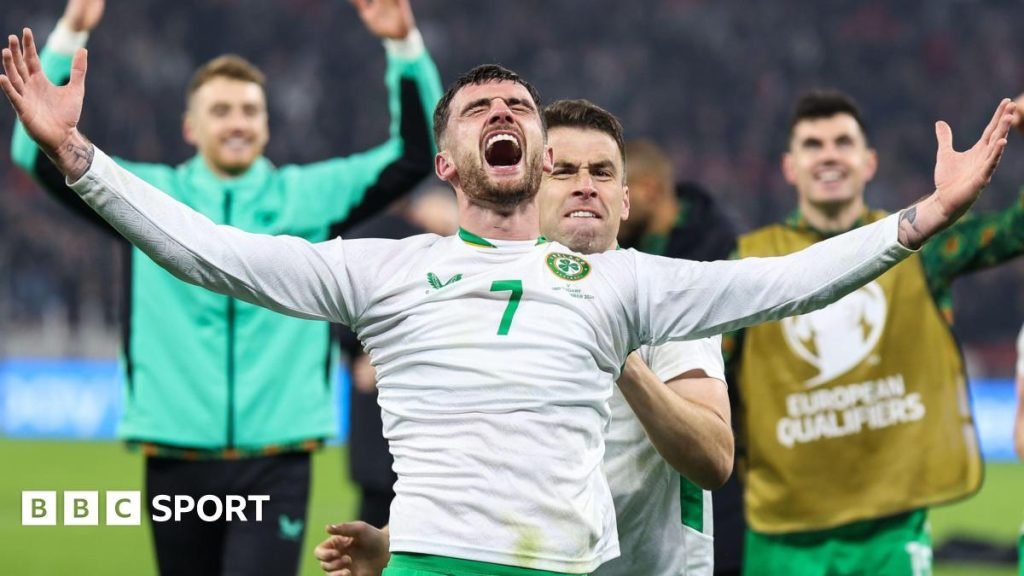 Troy Parrott and Seamus Coleman celebrate a famous win