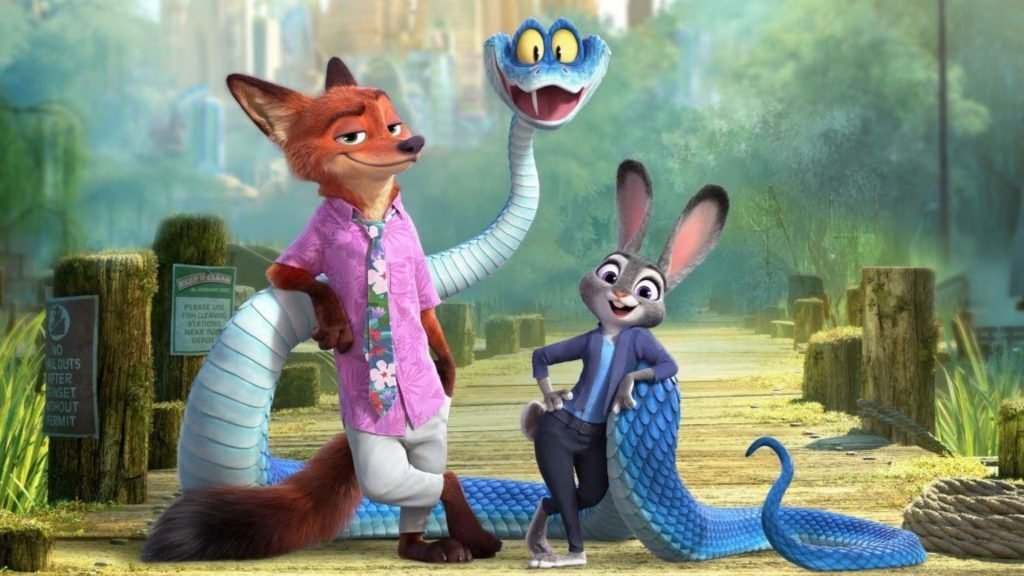 Nick Wilde, Judy Hopps and a snake in Zootopia 2