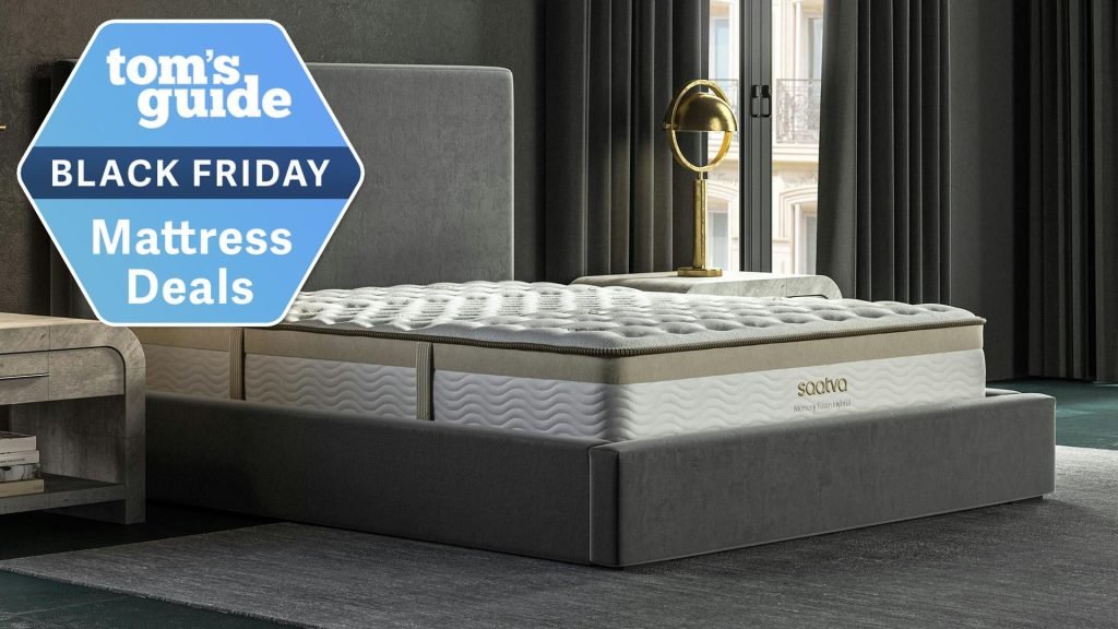 The Saatva Memory Foam Hybrid mattress on a bed frame in a bedroom, a Tom's Guide Black Friday mattress deals graphic (left)