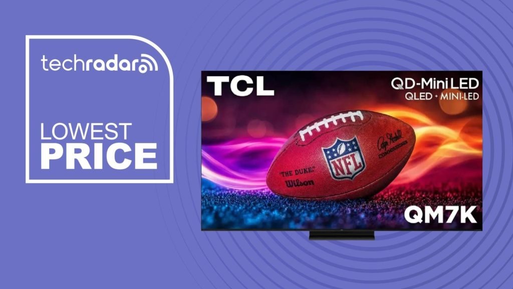 TCL QM7K on purple with lowest price logo