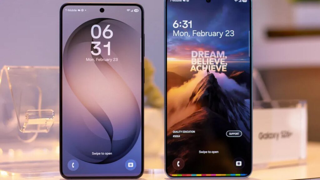 Two Galaxy S26 smartphones with the screens facing the camera.