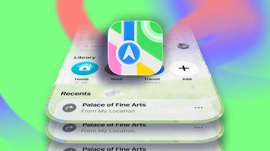 The Apple Maps icon sits atop a stack of mobile screenshots of the Apple Maps app in front of a colorful green background.