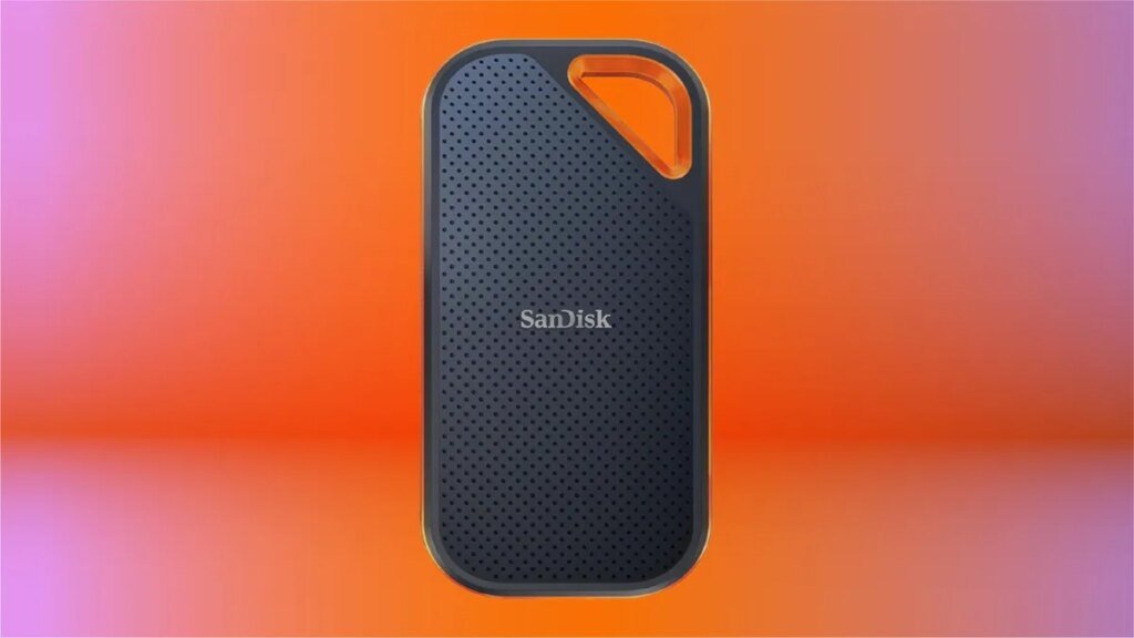 A SanDisk Extreme Pro SSD portable external disk drive against a red CNET background.