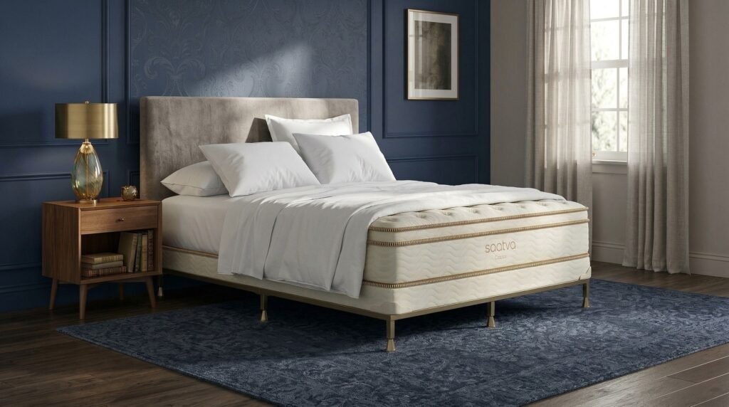 Construct a 5-star lodge bed room at dwelling with these luxurious bedding finds Edited by Gemini, this image shows a mock up of a luxury hotel-style bedroom. At the center of the room is the Saatva Classic mattress on a bed frame, dressed in white sheets and white pillows.