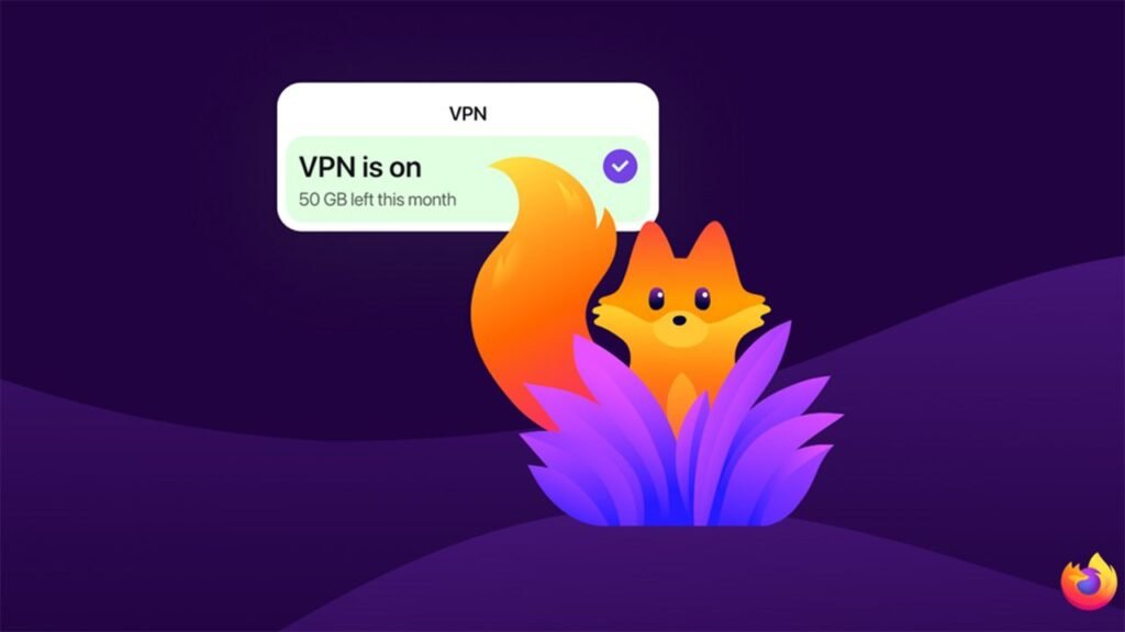 Orange Firefox fox on a purple background with "VPN is on" notification