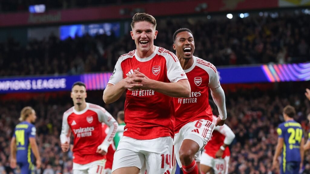 LONDON, ENGLAND - OCTOBER 21: Viktor Gyokeres of Arsenal celebrates after scoring their side's fourth goal during the UEFA Champions League 2025/26 League Phase MD3 match between Arsenal FC and Atletico de Madrid at Arsenal Stadium on October 21, 2025 in London, England. (Photo by James Gill - Danehouse/Getty Images)