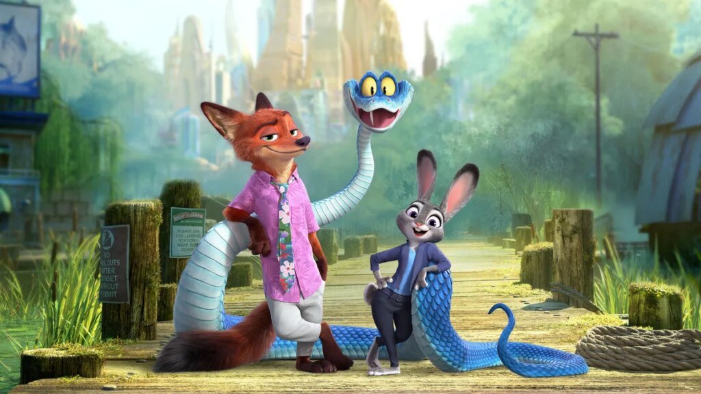 An animated Nick Wilde, Judy Hopps, Gary Snake in Zootopia 2 pose together.