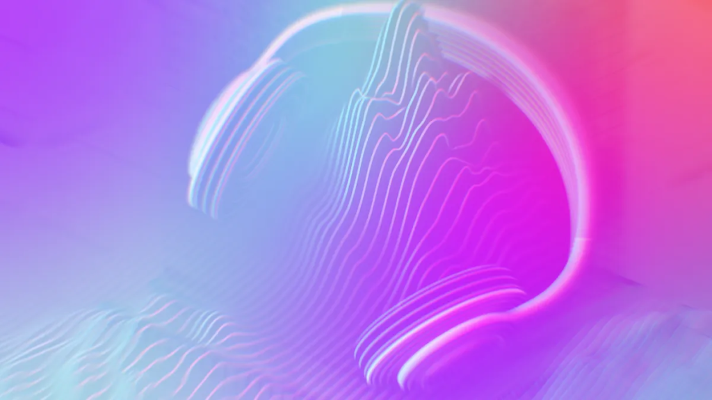 headphones and music waveforms on rainbow background