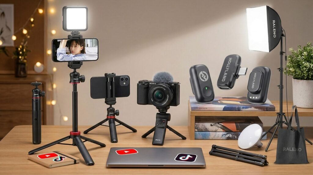 Assorted vlogging products arranged in a lifestyle image
