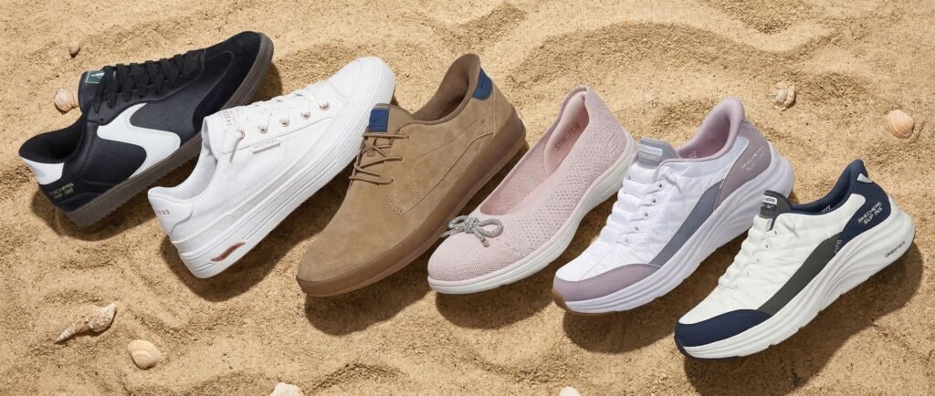 Skechers shoes lying on sand