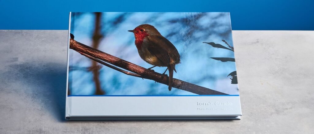 Popsa photo book photographed in front of a blue background