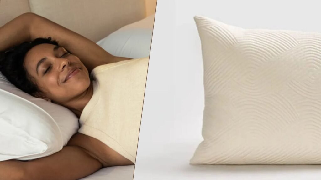 The composite image shows a dark haired woman smiling with her eyes closed as she lies back onto a white pillow on the left, while the right hand side of the image shows a close up image of a beige textured pillow
