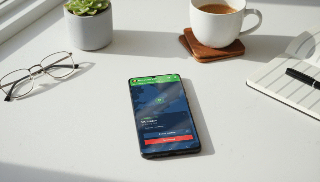 Safe your spring break travels with Mullvad VPN — it is the best VPN deal I’ve ever seen Mullvad VPN homescreen on an Android device laid out on a table