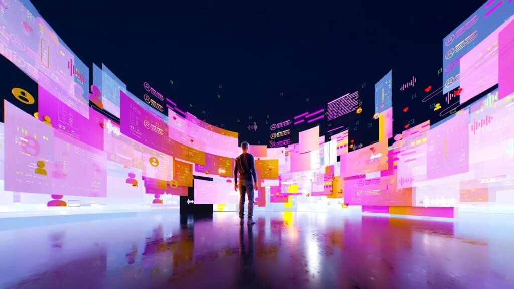 Digital generated image of young man in empy black space with semi reflective floor surrounded by multicoloured semi transparent data screens.