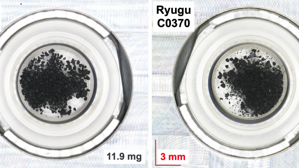 We maintain discovering the uncooked materials of DNA in asteroids—what's it telling us? Image of two dishes, both containing a dark powdery material with larger chunks in it.
