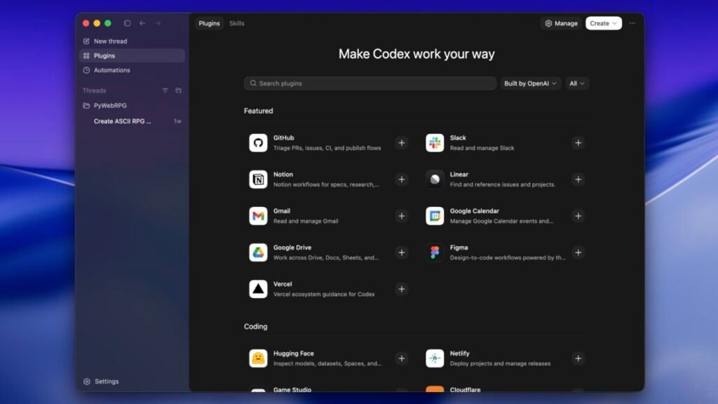 With new plugins characteristic, OpenAI formally takes Codex past coding A list of plugins within a Mac desktop app