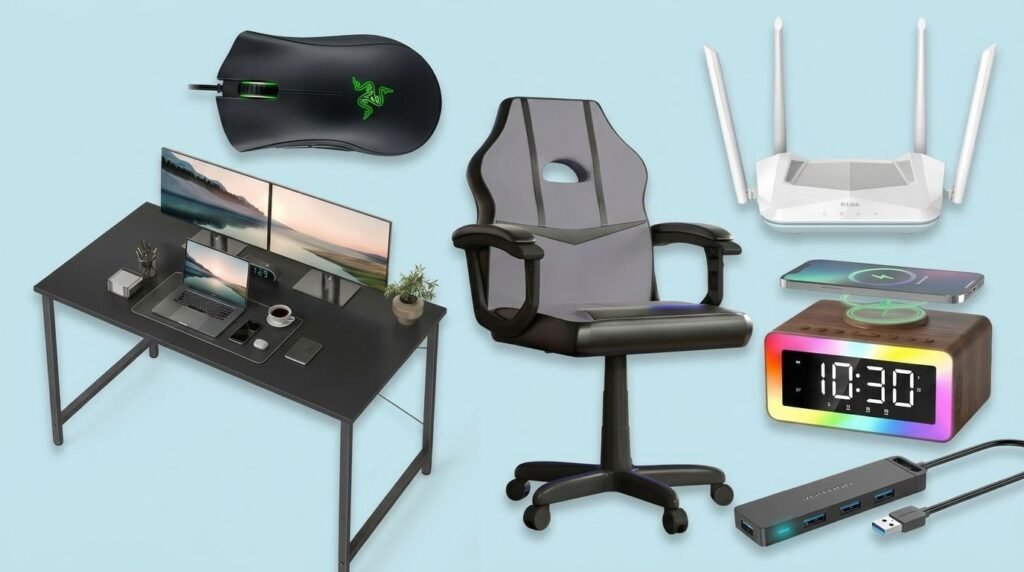 A selection of home office gear scattered across a pale blue background