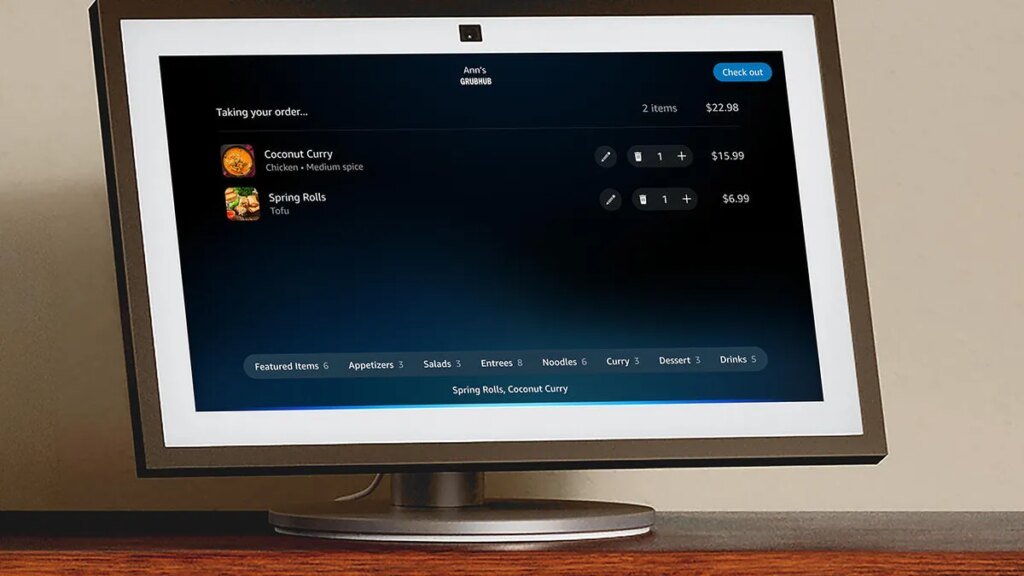 An Echo Show showing Thai food options with Alexa Plus' food ordering.