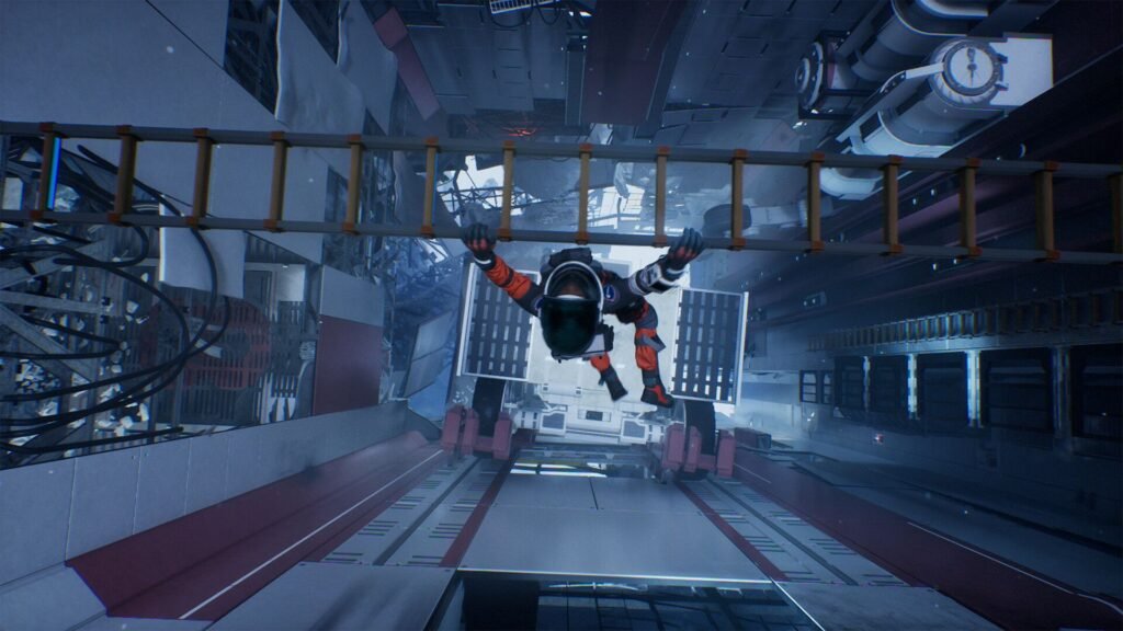 An Aphelion screenshot showing protagonist Ariane hanging from a fallen ladder in a crumbling spacecraft.