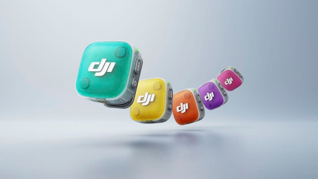 DJI Mic Mini 2 in five different colors, animated in a white studio environment