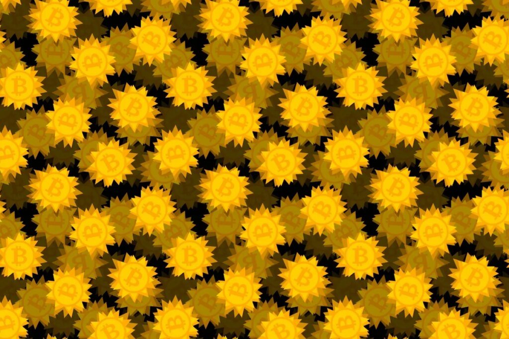 gold bitcoin logos featured on spiky-shaped coins on a darkened black background