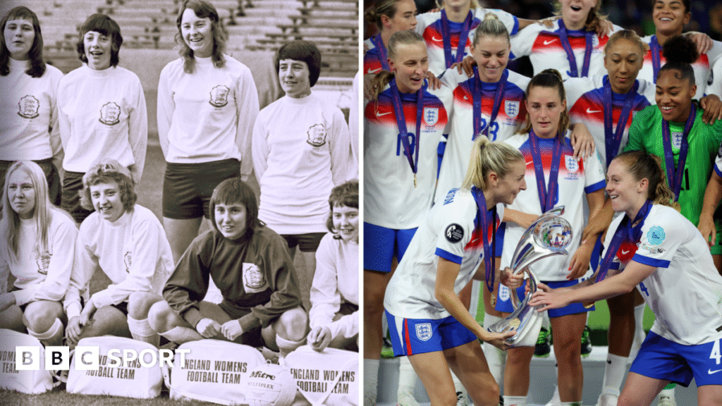 A split picture of the Lionesses posing for their first official photo in 1972, and the Lionesses lifting the Euro 2025 trophy - 53 years between the two events