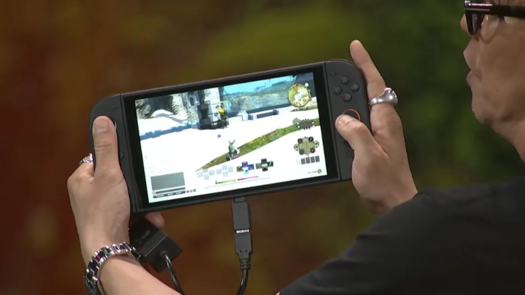 a switch 2 playing final fantasy 14 is being held in two hands