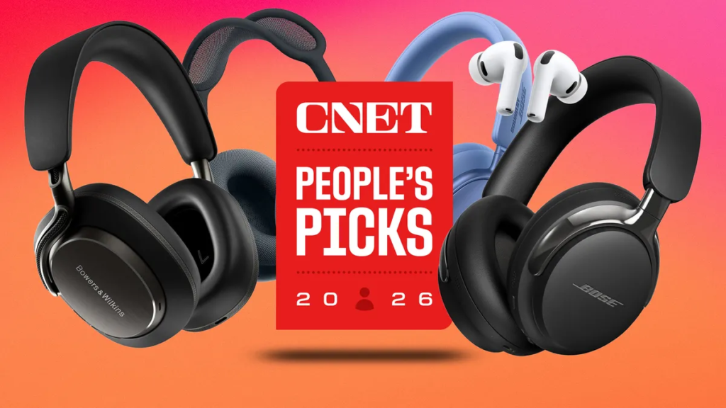 Assist Us Crown the Most Liked Headphones and Earbuds of 2026 Four sets of earphones and a pair of earbuds on a gradient orange background with text CNET People's Picks 2026 in front.