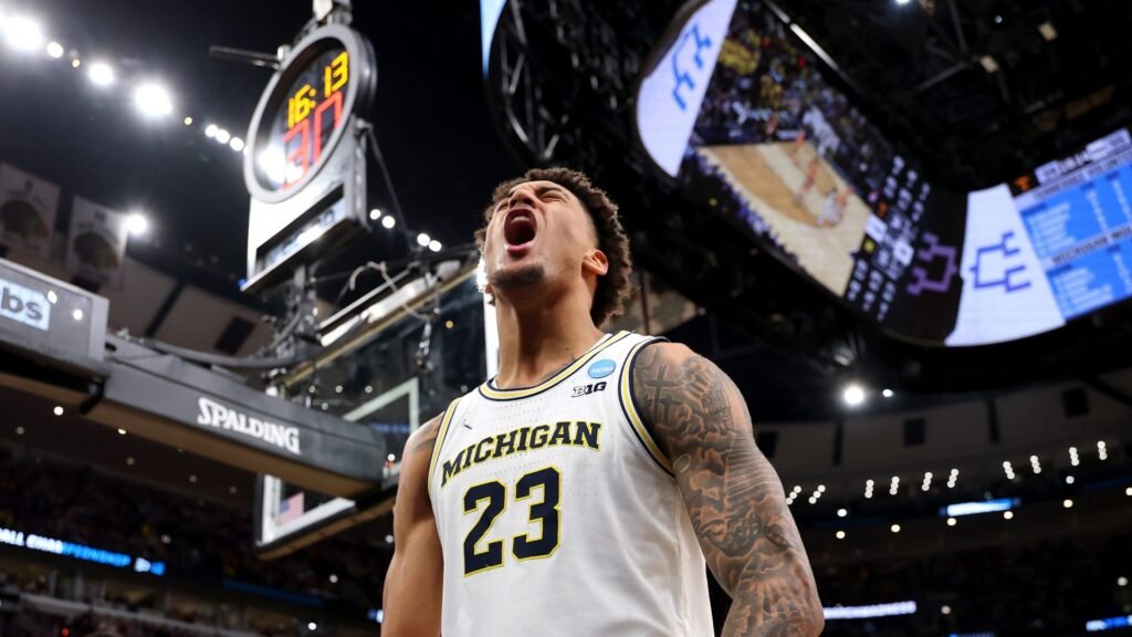 The right way to watch Ultimate 4 2026: FREE stay streams Yaxel Lendeborg of the Michigan Wolverines celebrating at March Madness 2026