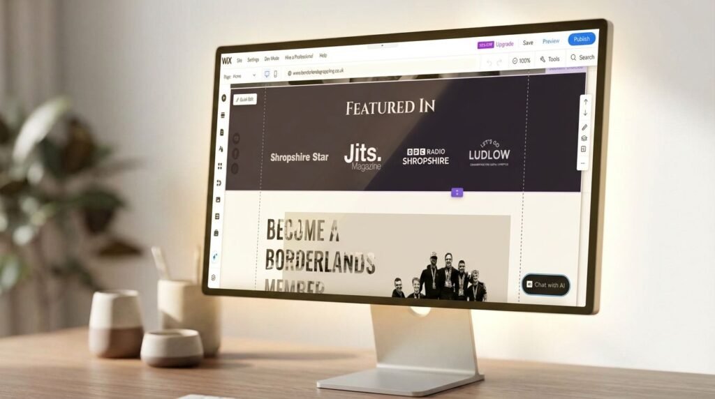 I run a health facet hustle on Wix: What did & did not work (2-year overview) A screenshot of the Borderlands Grappling website built on Wix on a mac on top of a modern desk