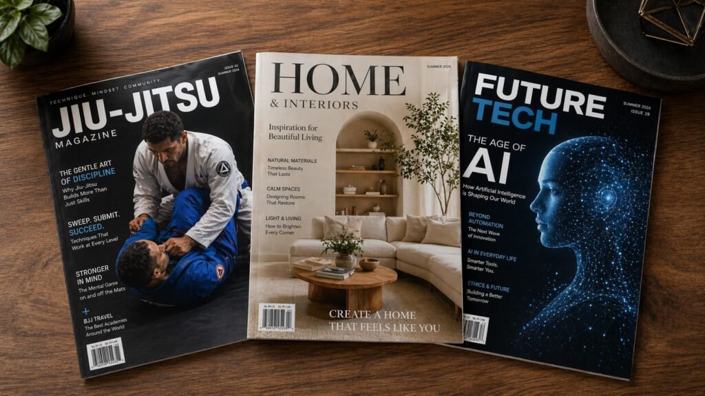 AI generated image of three magazines on a table