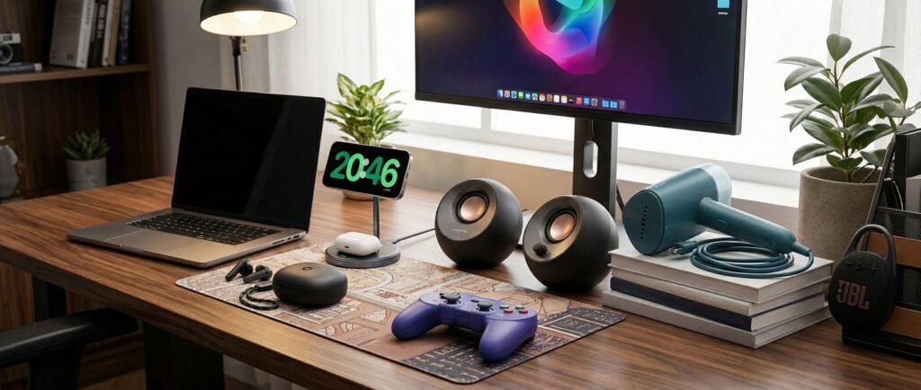 home office showcasing several peripherals and accessories