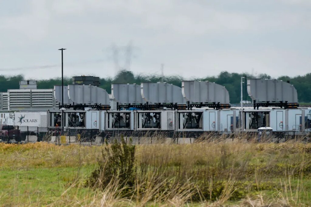 Gas turbines are visible at an xAI data center on Riverport Rd in Memphis, TN on April 25, 2025.
