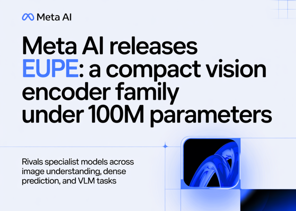 Meta AI Releases EUPE: A Compact Imaginative and prescient Encoder Household Below 100M Parameters That Rivals Specialist Fashions Throughout Picture Understanding, Dense Prediction, and VLM Duties Meta AI Releases EUPE: A Compact Vision Encoder Family Under 100M Parameters That Rivals Specialist Models Across Image Understanding, Dense Prediction, and VLM Tasks