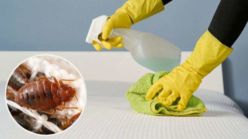 New mattress bug research: why water is a secret weapon for mattress care A close up of a pair of hands in rubber gloves holding a spray bottle and a cloth, while spraying water on a mattress. In the bottom left hand corner is an inset image of a close up of a bed. bug