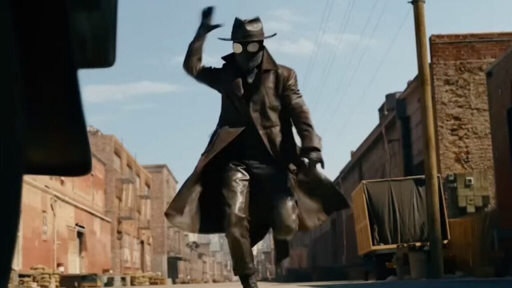 man in 1940s trench coat and black mask with hat running down a street ready to attack