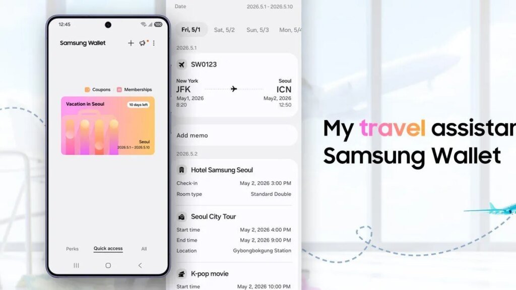 Samsung Wallet promo shows the app aggregating different trip data. The text "My travel assistant, Samsung Wallet" is featured on the right. The background is stark white and features a blue plane taking off.