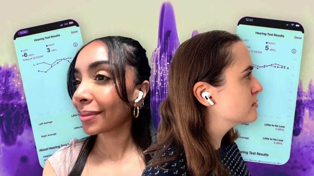 Two CNET wellness editors next to their Apple Hearing Test results over a purple mountain-like background.