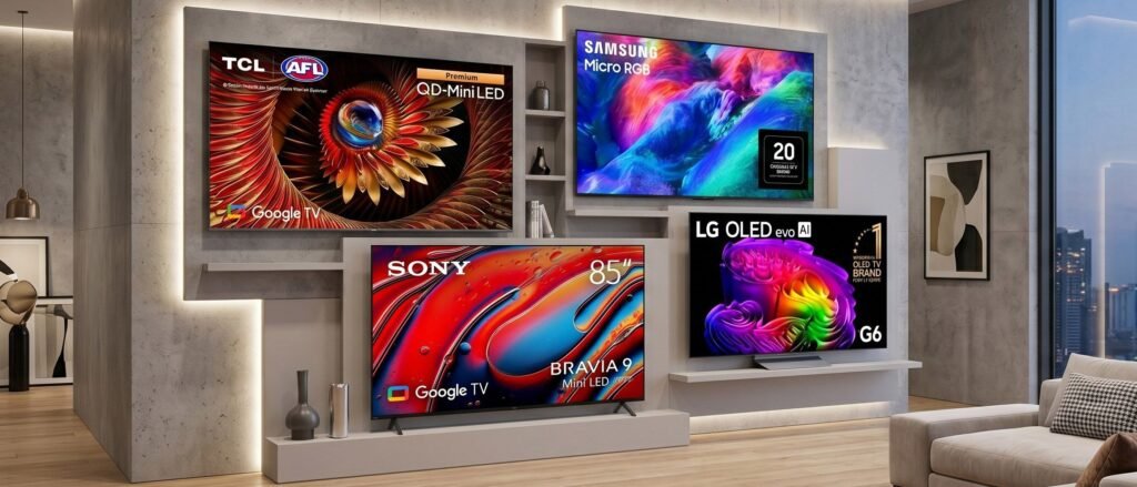 Four TVs mounted on a living room wall