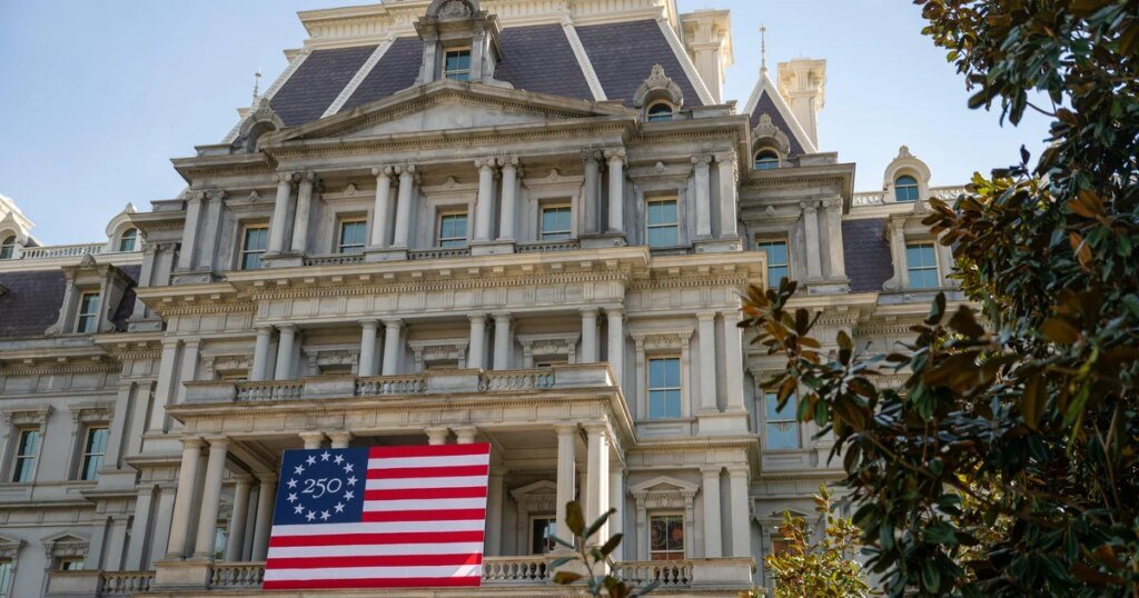 Trump proposes overlaying govt workplace constructing’s grey stone facade with white paint Trump proposes covering executive office building's gray stone facade with white paint