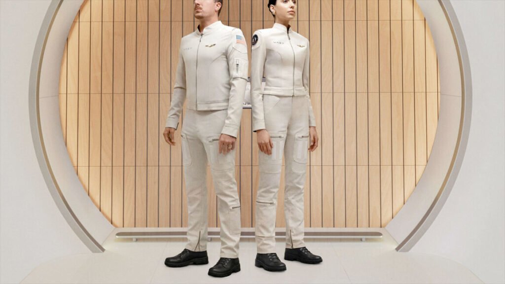 male and female models sport a two-piece white flight suit with hook-and-fastener attach points and pockets.