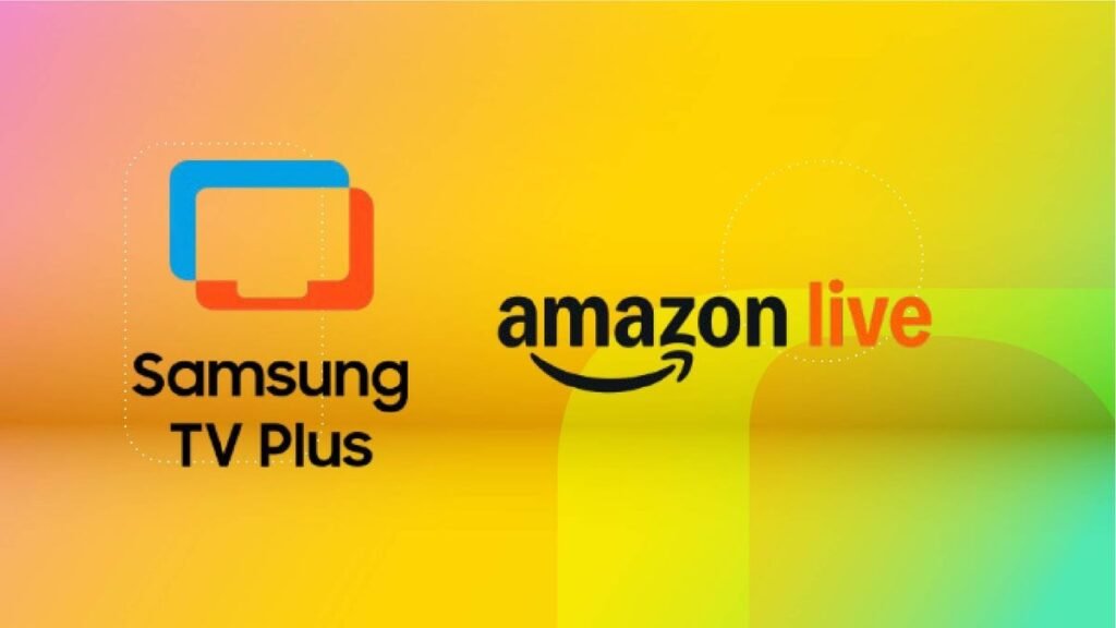 The Samsung TV Plus and Amazon Live logos on a colorful background