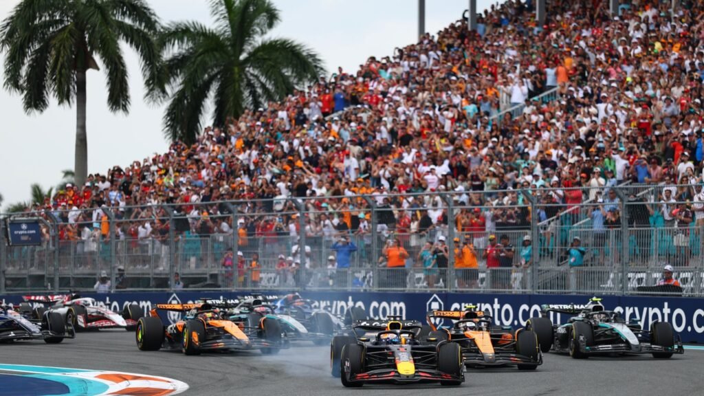 Red Bull's Max Verstappen, McLaren's Lando Norris and Mercedes' Kimi Antonelli driving at F1's Miami Grand Prix.