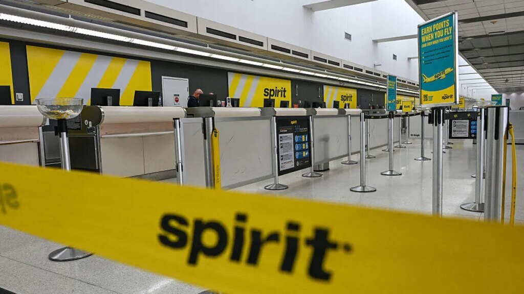 The flights check-in area of Spirit Airlines is empty after the company ceased global operations at Fort Lauderdale-Hollywood International Airport in Fort Lauderdale, Florida, on May 2, 2026.
