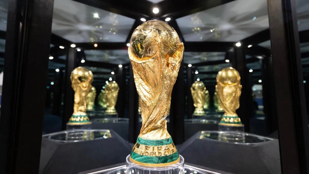 world cup trophy on display in a case in Dallas, Texas